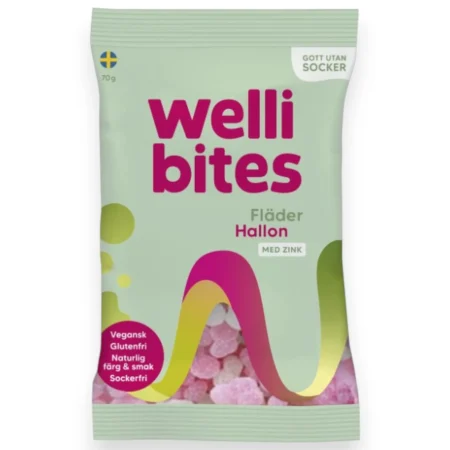 Wellibites Elderflower and Raspberry, vegan sugar free Swedish candy from Kandy Lover.