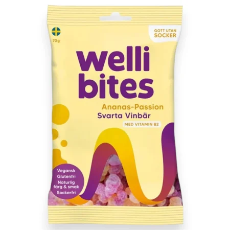 Wellibites Pineapple-Passion and Blackcurrant, vegan sugar free Swedish candy from Kandy Lover.